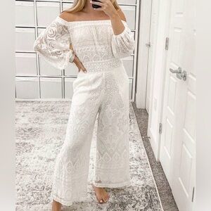 New Farm Rio Anthro Elliot Off-the-Shoulder White Lace Jumpsuit Butterfly S Med